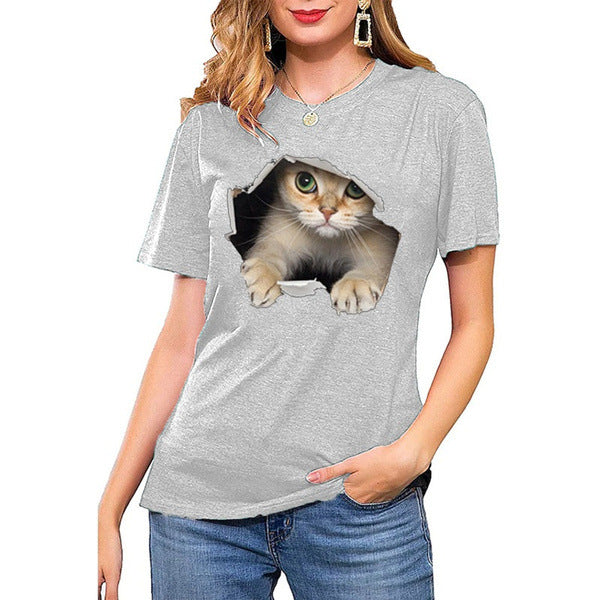 Dame T-shirt med kreativ kattemotiv og struktureret pasform Stilla