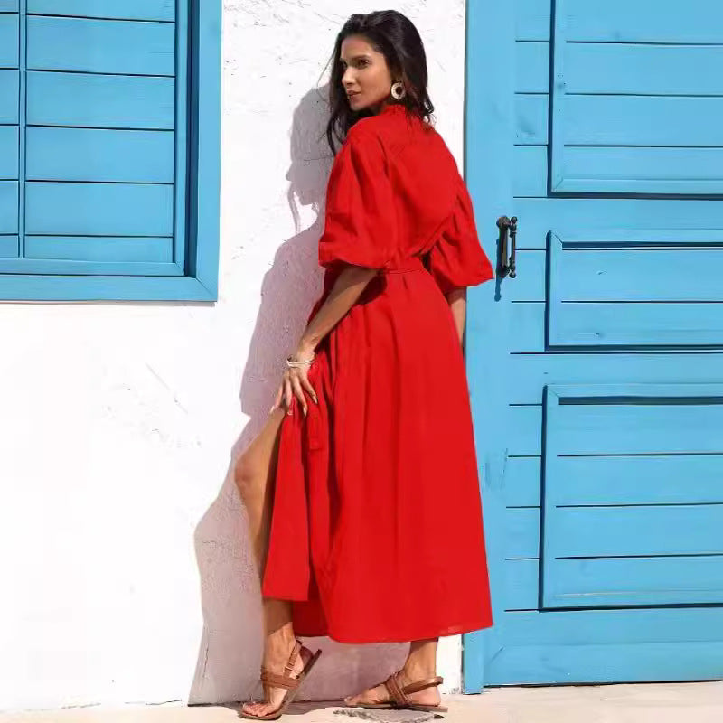Dame Button-Up Maxi Kjole med fyldte detaljer Stilla