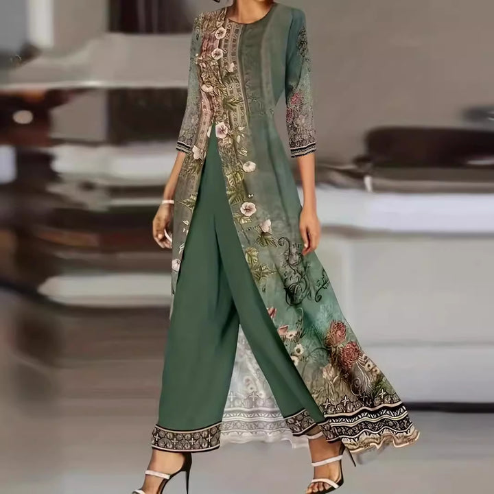 Dame elegant kort jakkesæt outfit med blomstret design og gennemsigtig jakke Stilla