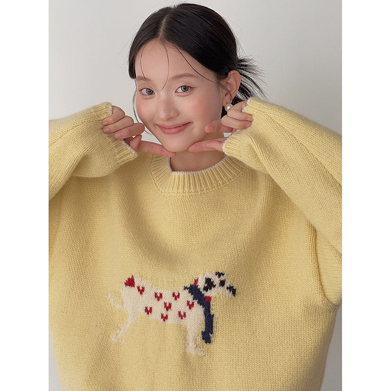 Dame hyggelig sweater med filigranmæssigt hundemotiv og elastisk talje Stilla