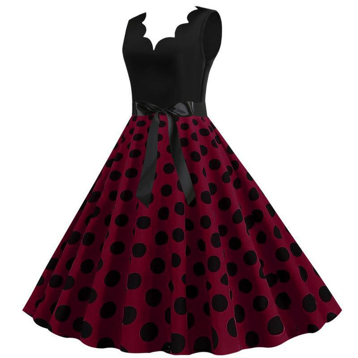 Women Vintage Polka Dots Dress with A-Line Cut and Waist Belt Stilla