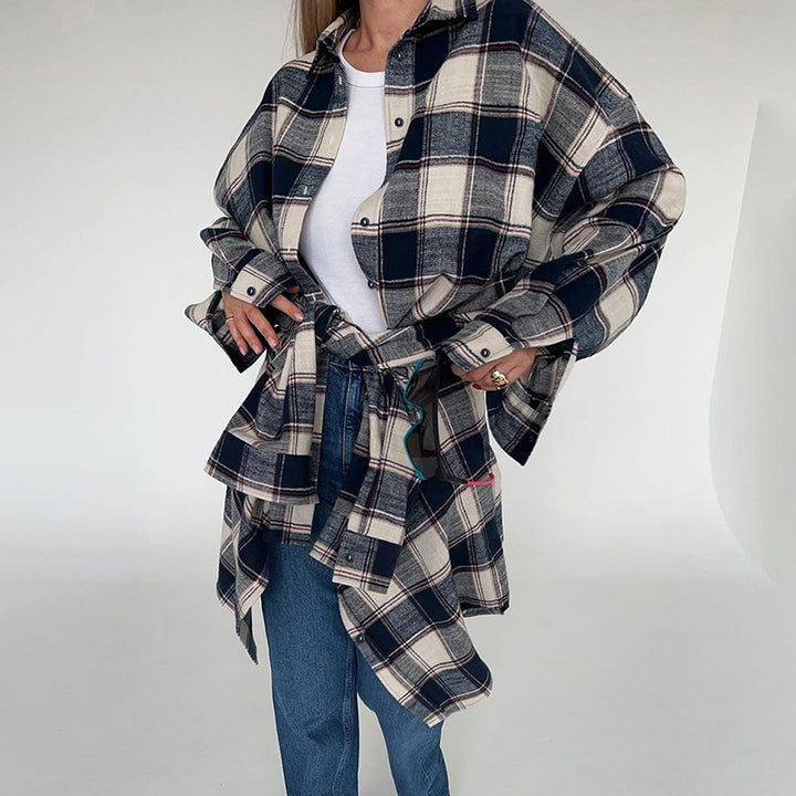 Dame flannel skjortejakke med fashionable bindebånd og oversized snit Stilla