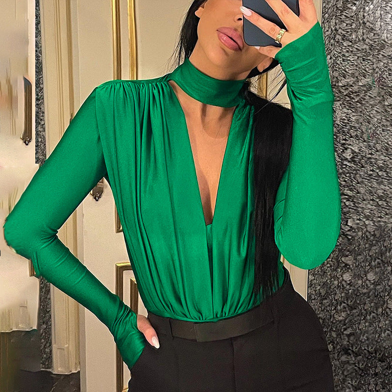 Dame Elegant Langærmet Bodysuit med højtstående Krave og gennemsigtig Indsats Stilla