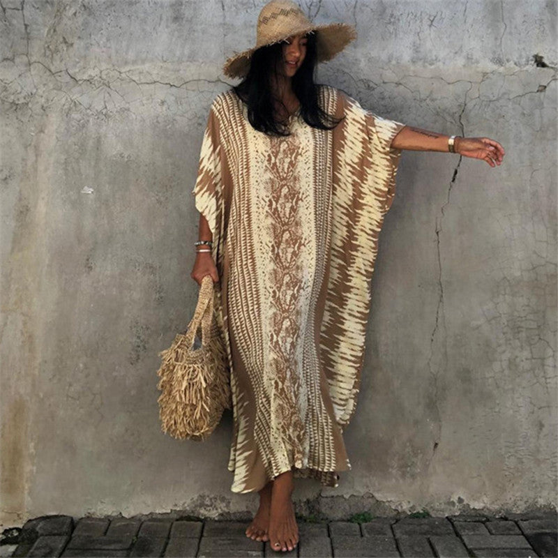 Dame Strandkaftan med kunstnerisk mønster og bredt skåret ærmer Stilla