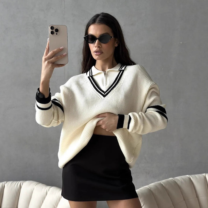 Kvindernes fashionable strikket sweater med høj kvalitet lynlås og stribet design Stilla