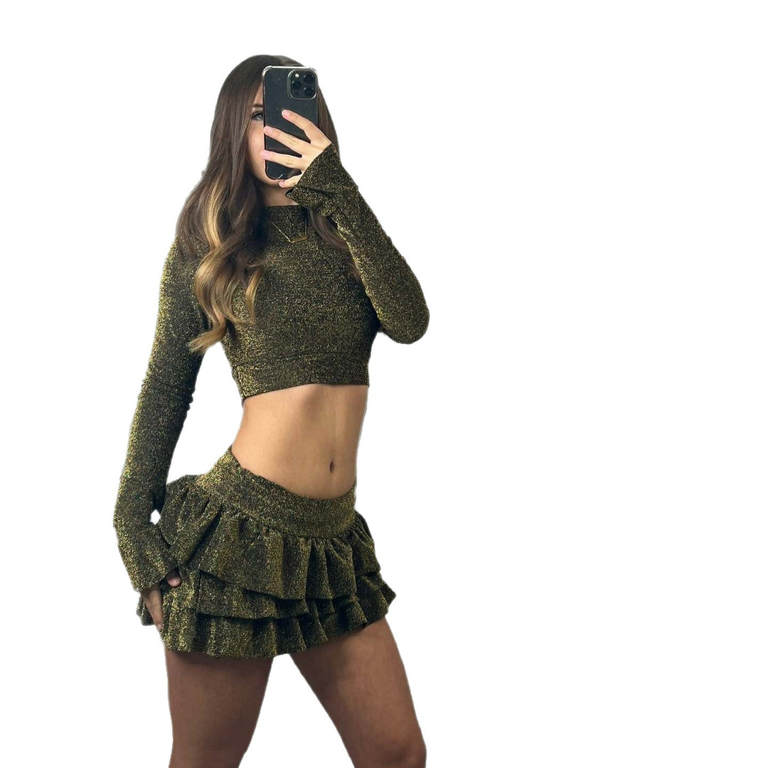 Kvindernes fashionable crop top og plisseret mini nederdel sæt Skovae