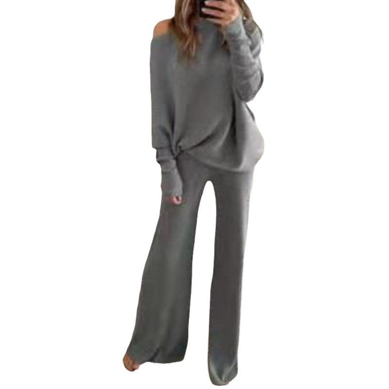 Kvinders afslappede strik loungewear sæt med løstsiddende pasform og off-shoulder top Stilla