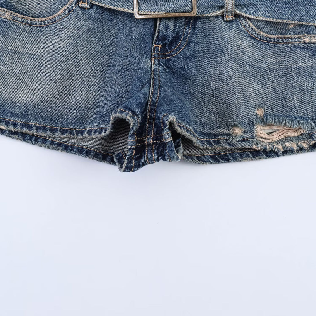 Dame mode Z destroyed denim shorts med justerbart bælte Skovae