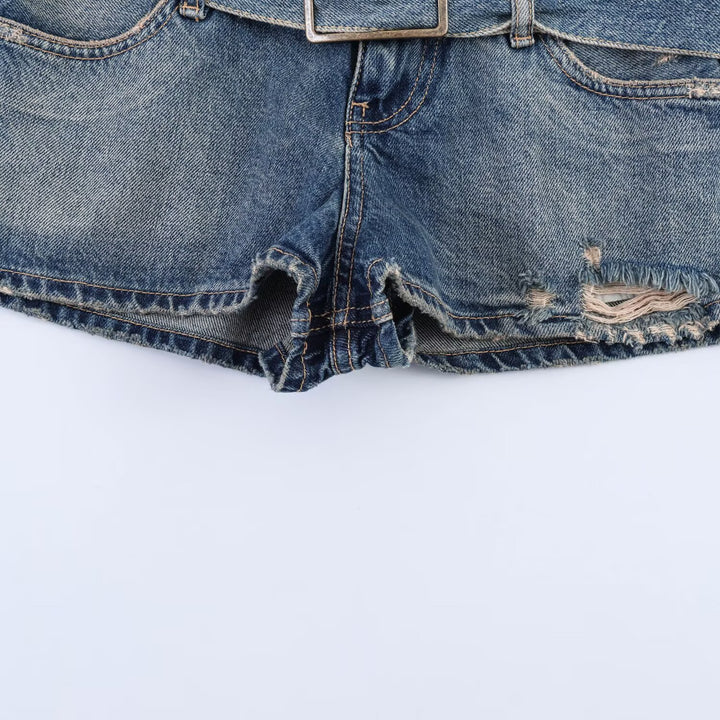 Dame mode Z destroyed denim shorts med justerbart bælte Skovae