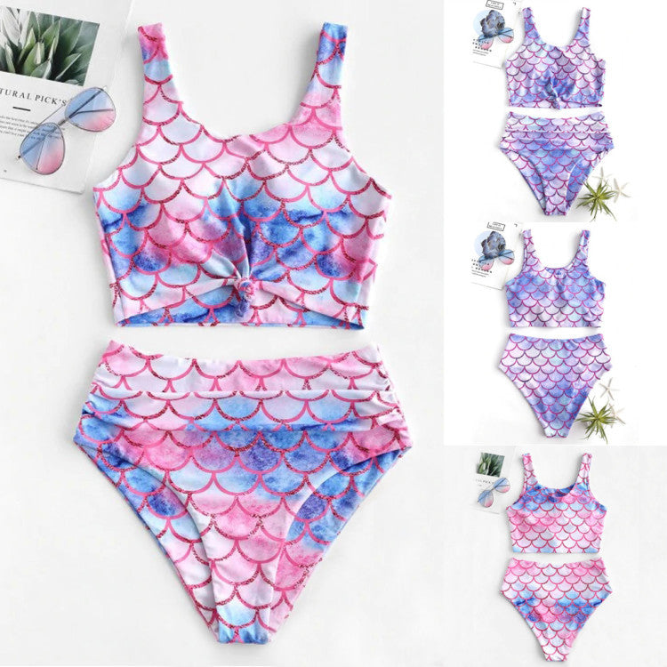 Dame Højtaljet Mermaid Print Bikini Sæt Stilla