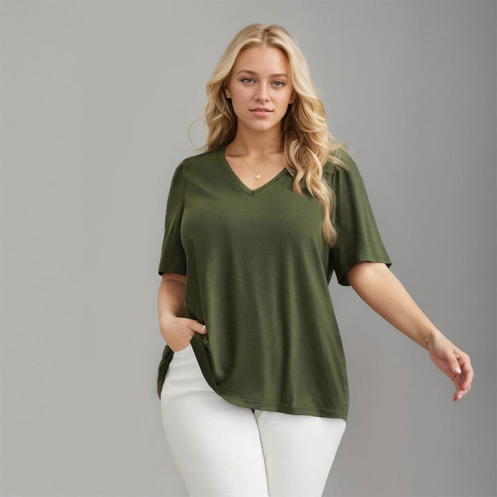 Dame Casual V-hals t-shirt med sidelommer og blødt materiale Skovae