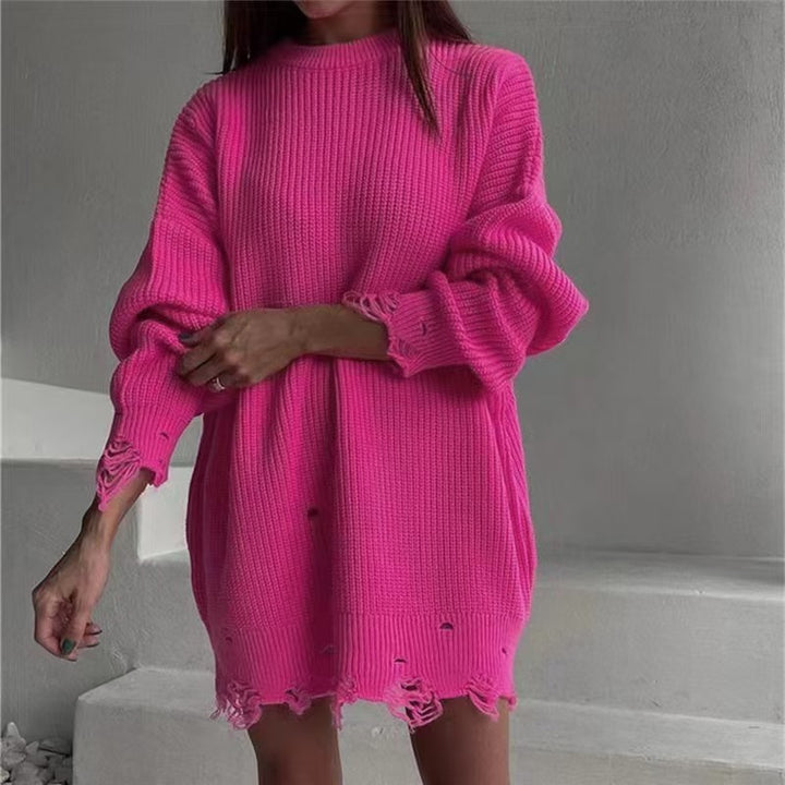Dame Oversized Strik kjole med afslappet, frynset kant og moderne ribmønster Stilla