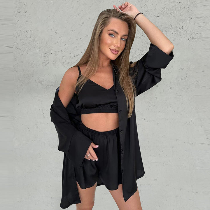 Dame Satin-Pyjama-Sæt med elegant sjalkrave og komfortabel pasform Stilla