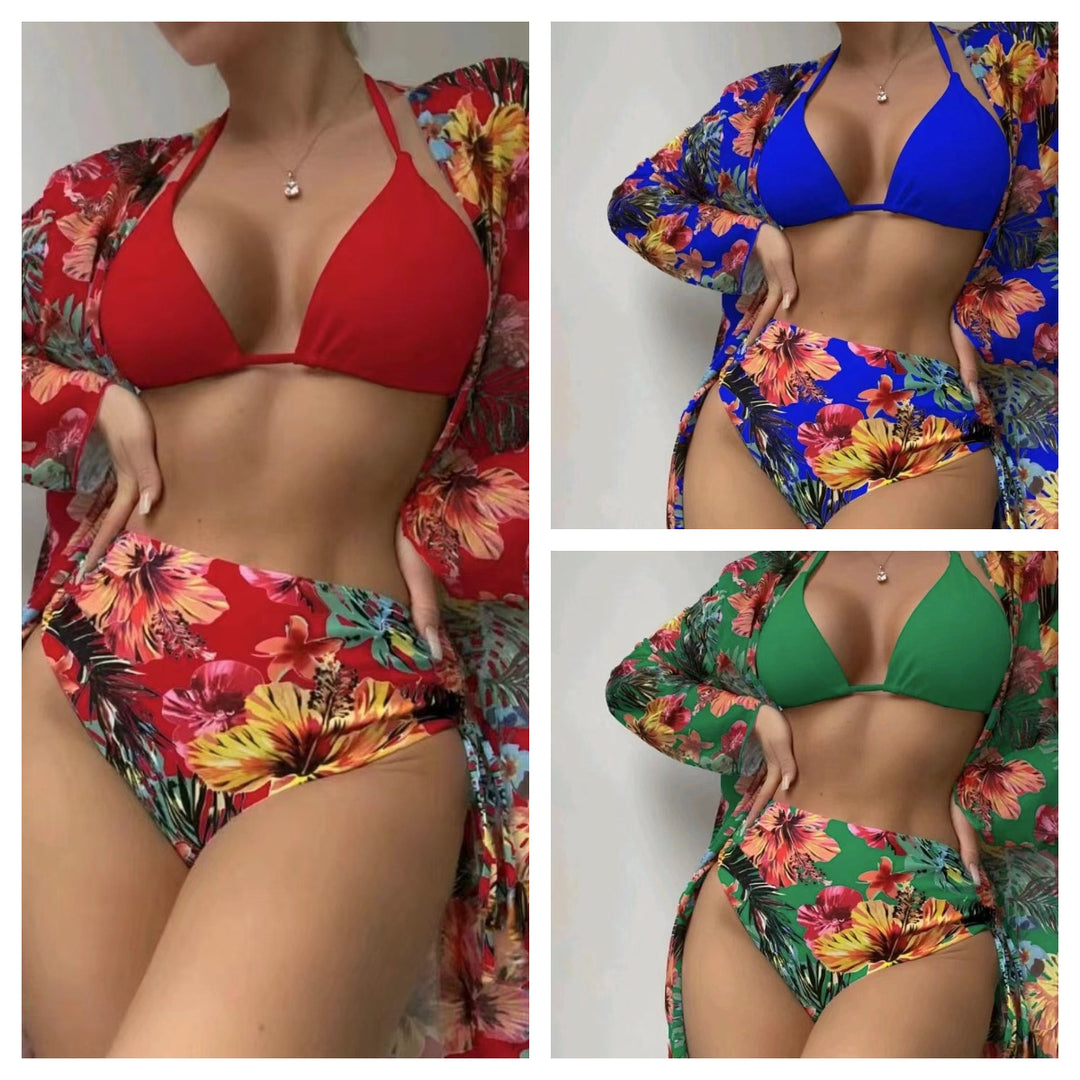 Dame Bikini-sæt med elegant blomsterdesign og høj benudskæring Stilla