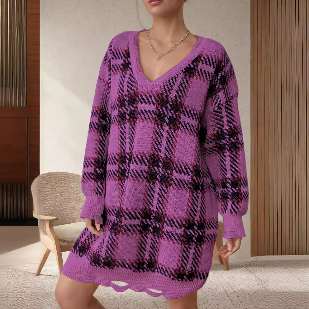 Kvinder Oversized V-hals Sweater med Tjekket Mønster Stilla