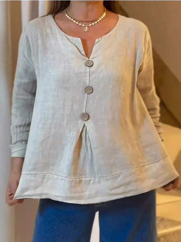 Dame Let bluse i linen med knapdetalje og plisserede elementer Stilla