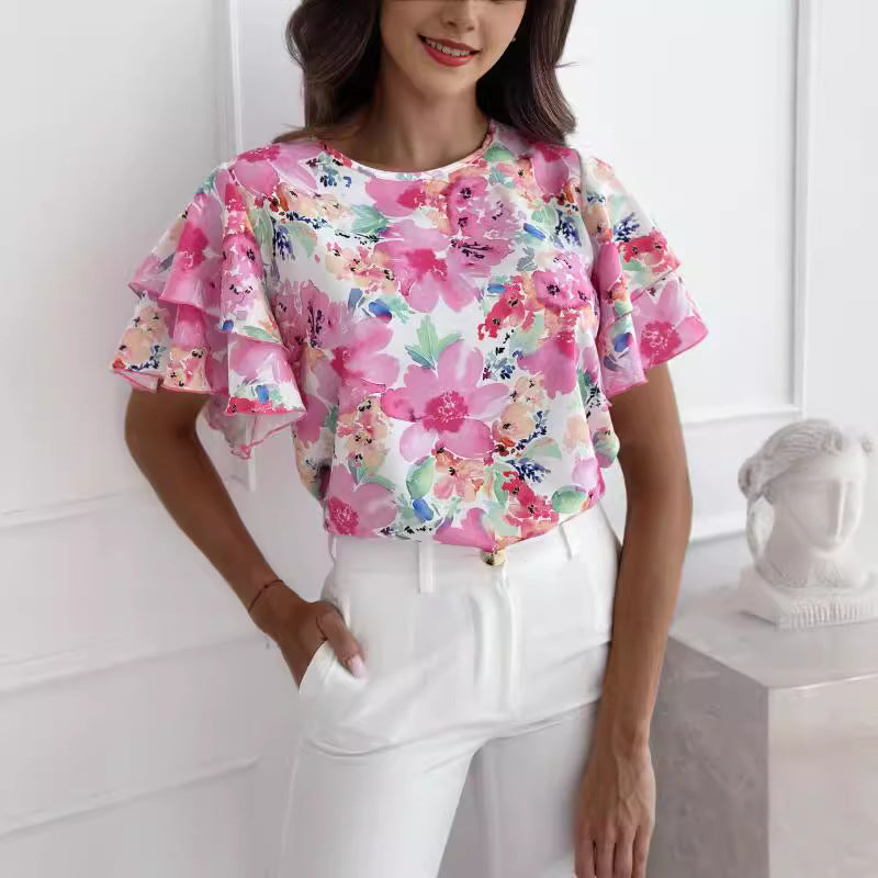 Dame Kortærmet Blomster Rüschenshirt Stilla