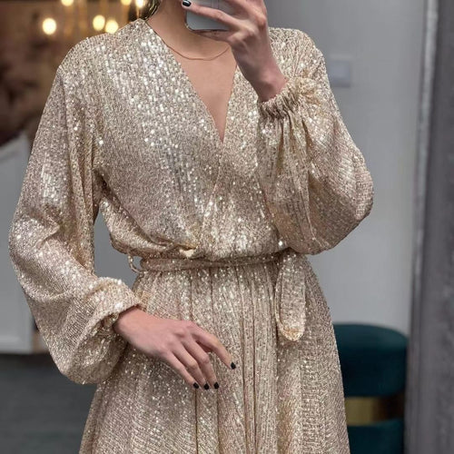 Dame Glamourøst Paillet-Kjole med dyb V-udskæring og ærmeløst Design Stilla
