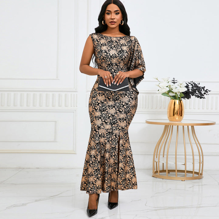 Dame elegant aftenkjole med asymmetrisk snit og luksuriøst blomster mønster Stilla