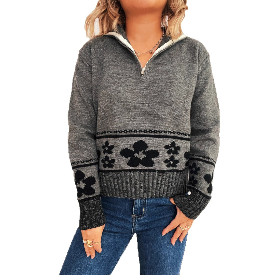 Kvinders strikket sweater med blomster mønster og høj krave Stilla