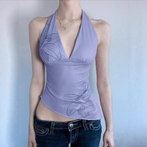 Dame Halterneck top med blomsterdesign og asymmetrisk snit Skovae