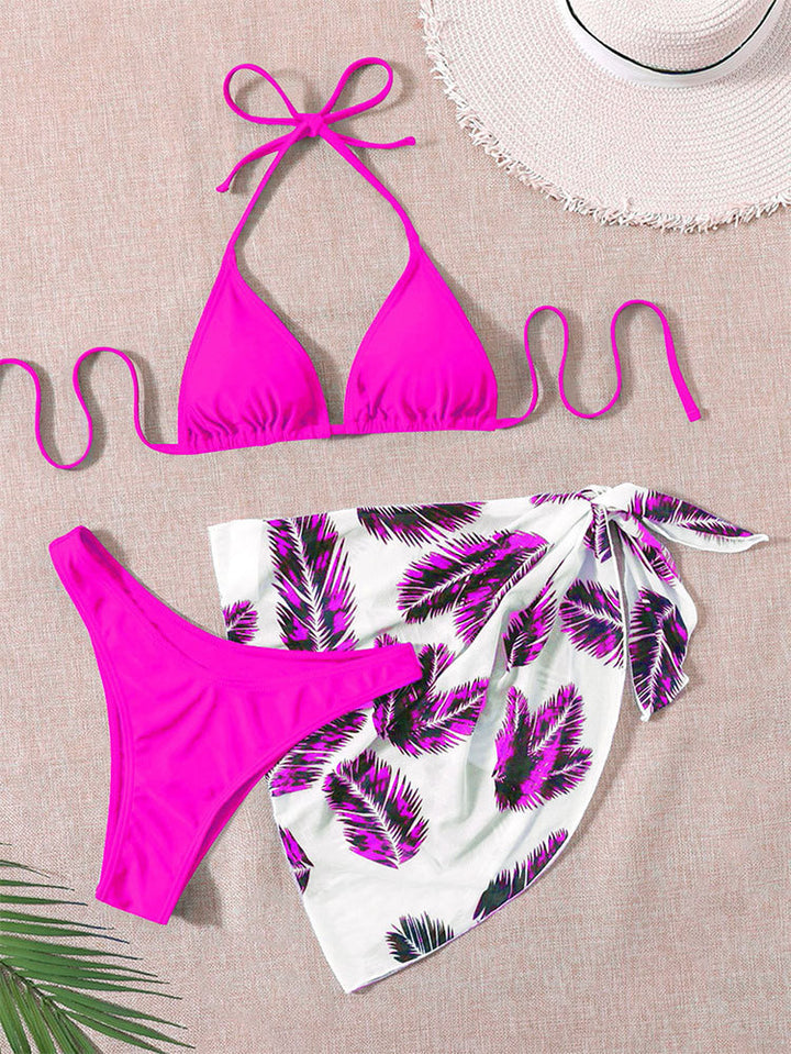 Dame Triangel-Bikini med et trendy blad-mønster og en afslappet indpakningskjole Skovae