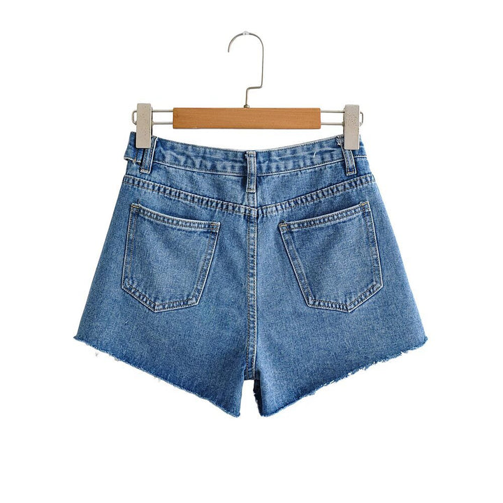 Damer Højtaljede Denim-Shorts med bredt bælte og moderigtige frynsede kant Stilla