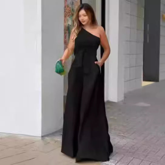 Dame Elegant En-skulder Jumpsuit med bælte og bredt ben Skovae