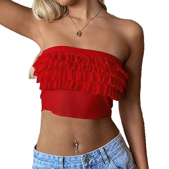 Dame Off-Shoulder Crop-Top med flæsedetaljer Stilla