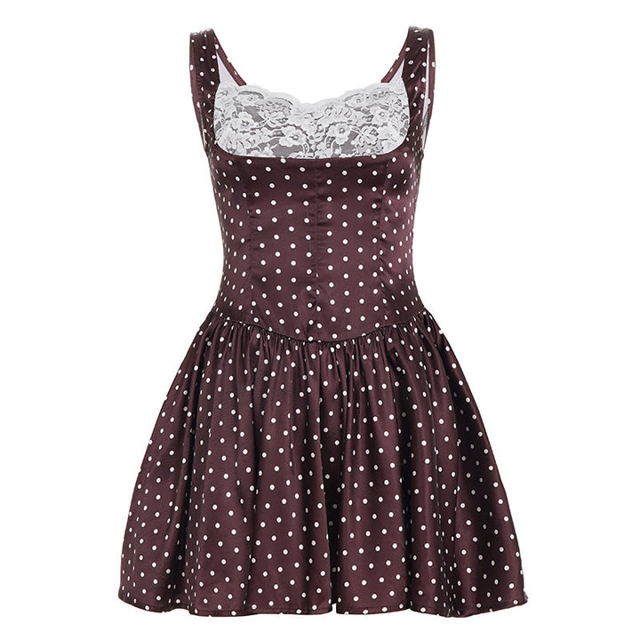 Damen Retro Polka-Dot Kleid mit Spitzen-Overlay Skovae