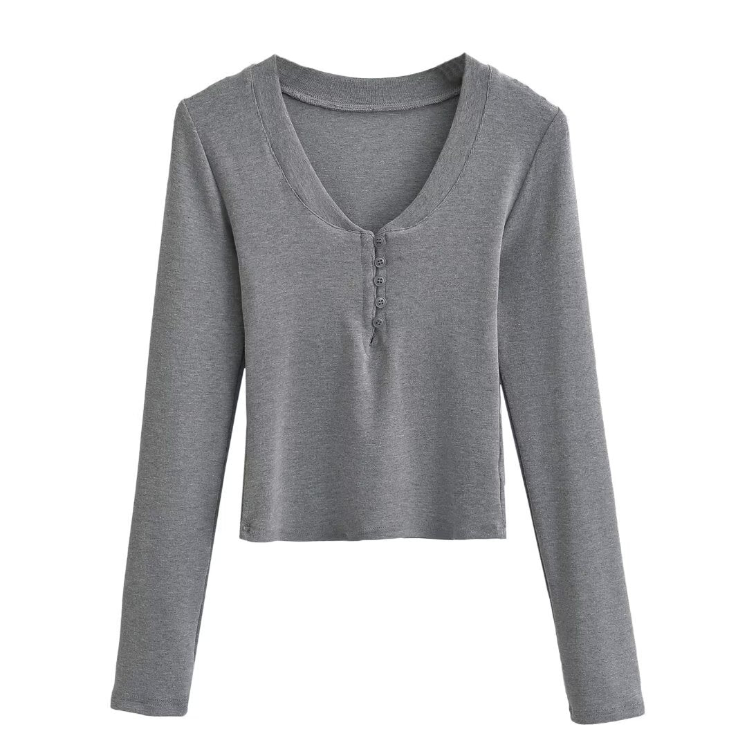 Dame Langærmet Henley T-shirt med elegant V-udskæring og fashionable knapdetalje Stilla