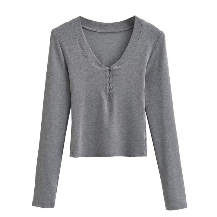 Dame Langærmet Henley T-shirt med elegant V-udskæring og fashionable knapdetalje Stilla