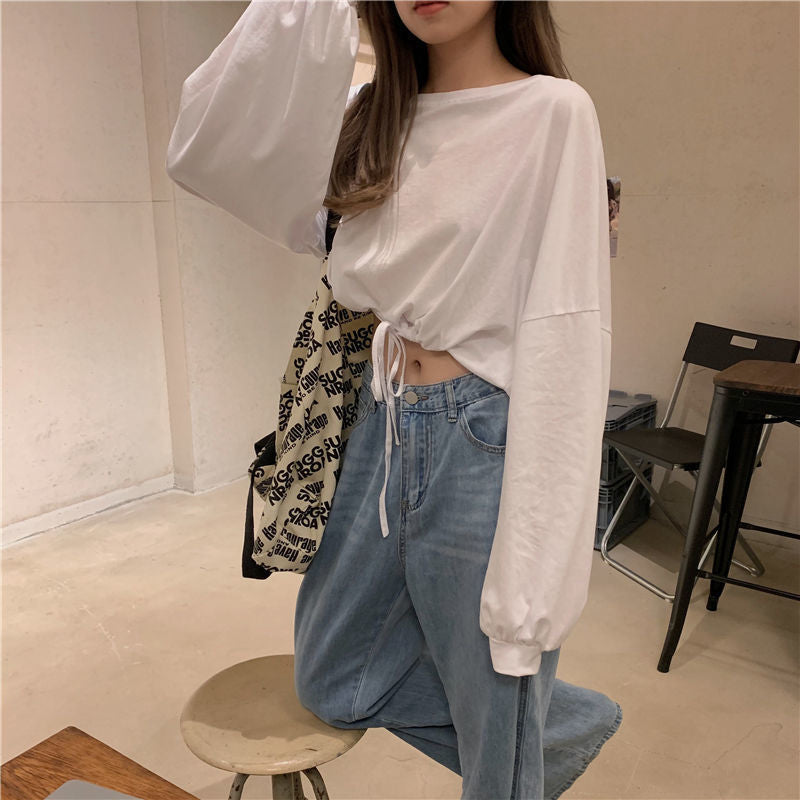 Kvinder Cropped Sweatshirt med innovativ snor og overdimensionerede ærmer Skovae