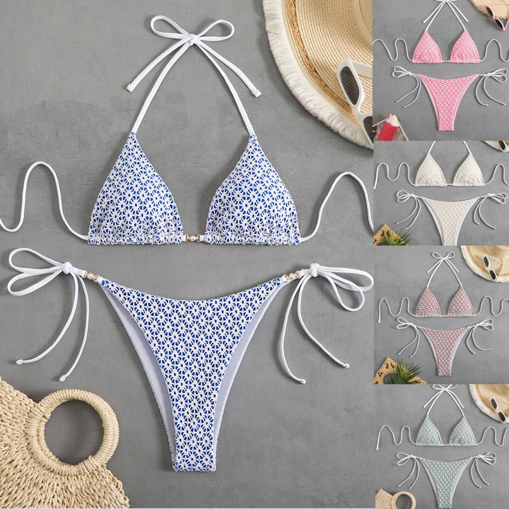 Dame triangle bikini med filigranet blomsterdesign og charmerende sløjfer Skovae