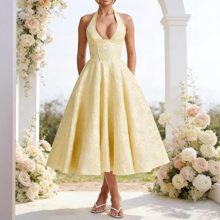 Dame elegant kjole midi med halterneck og detaljeret blonderarbejde Skovae