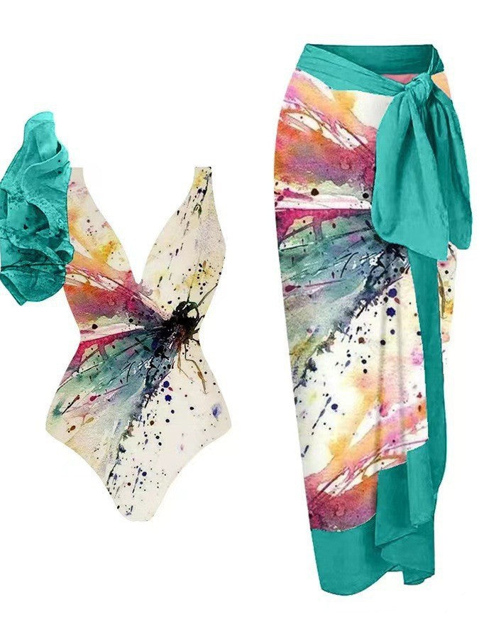 Dames badedragt med voluminøse flæse detaljer og matchende sarong Skovae