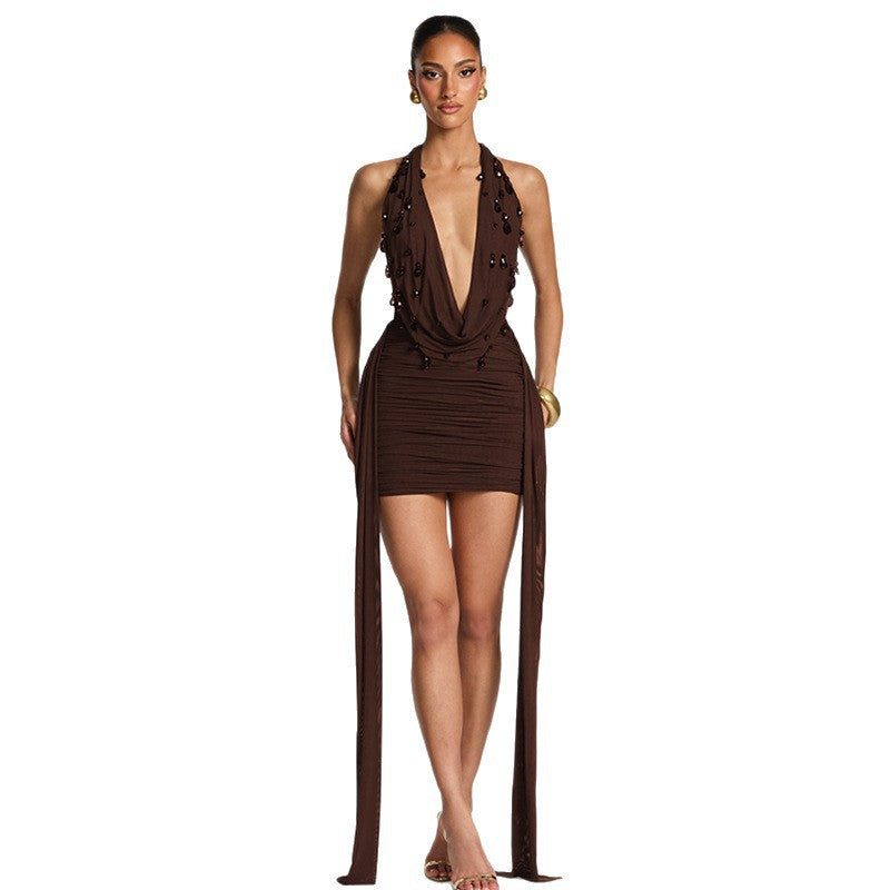 Damen Wickelkleid mit tiefem V-Ausschnitt und voluminösen Rüschendetails Skovae