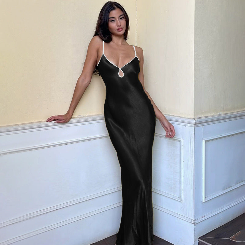 Dame Elegant Satin Maxikjole med justerbare spaghetti stropper og dyb V-udskæring Skovae
