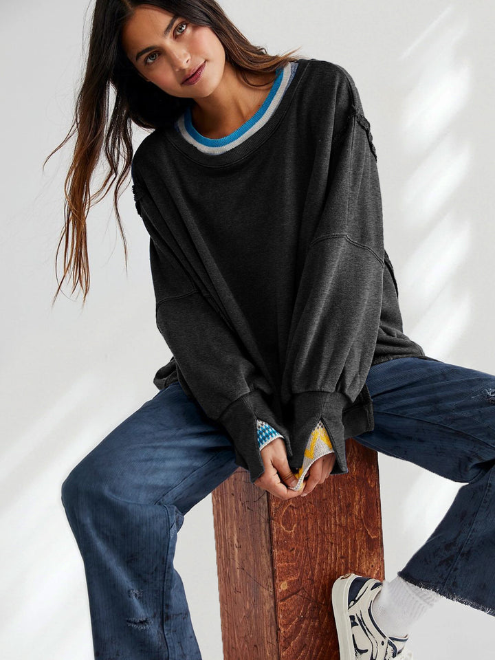 Dame afslappet oversized sweatshirt med vide ærmer og V-udskæring Stilla