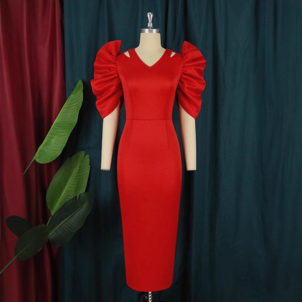 Dame Elegant Midi Kjole med voluminøse Pufærmer Skovae