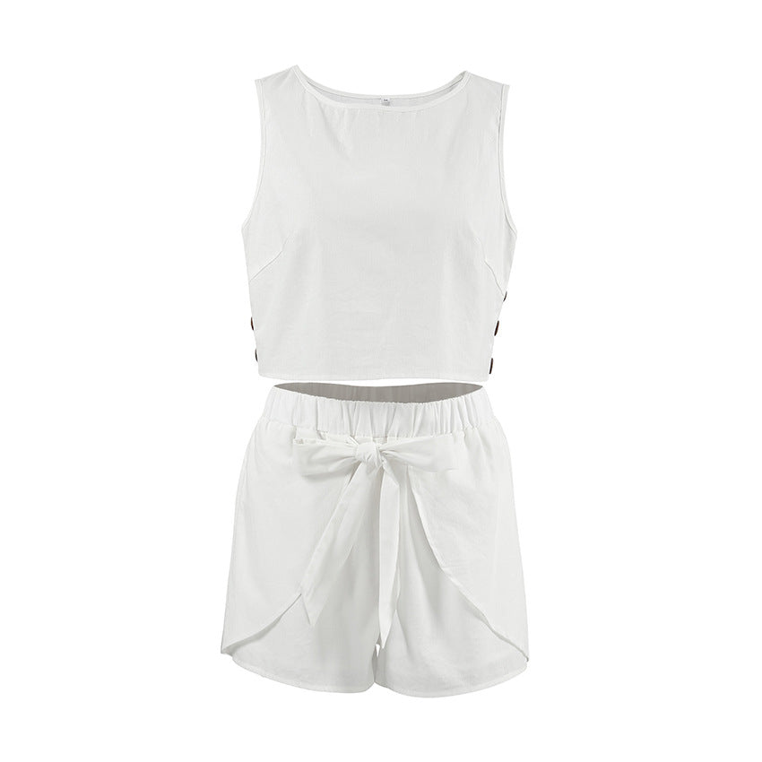 Dame Crop-Top og Shorts-sæt med knapdetaljer og elastisk liv Stilla