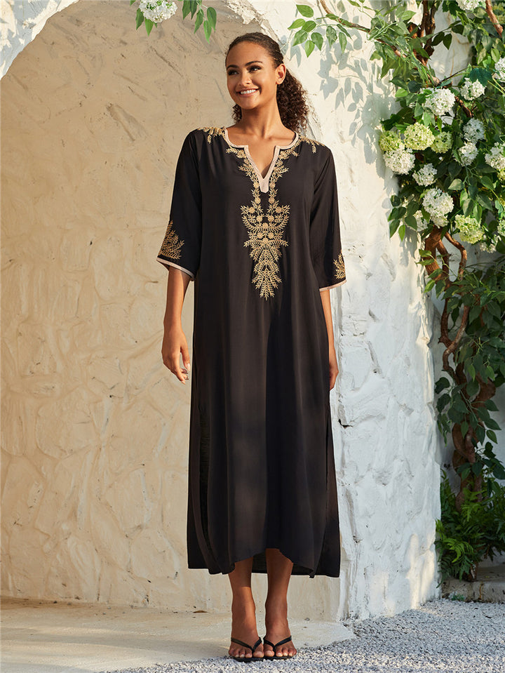 Dame Maxi-Kaftan med elegant guldbroderi Stilla
