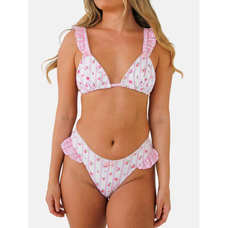 Dame triangel-bikini med blomsterdesign og flæsedetaljer Skovae