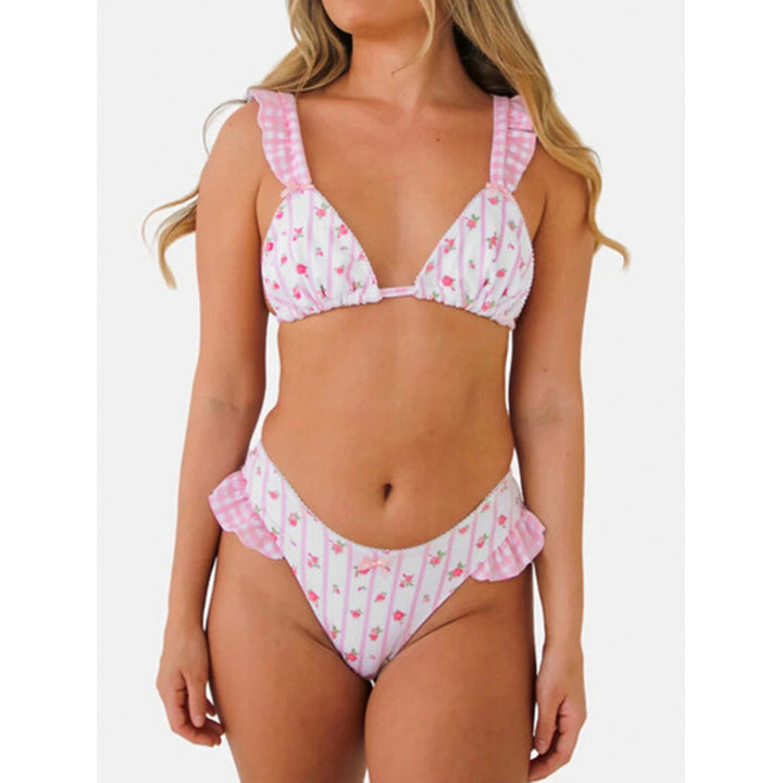 Dame triangel-bikini med blomsterdesign og flæsedetaljer Skovae