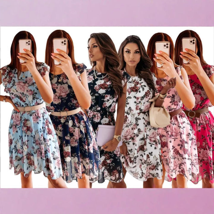 Dame Floral Cap Ærme Midi Kjole Stilla