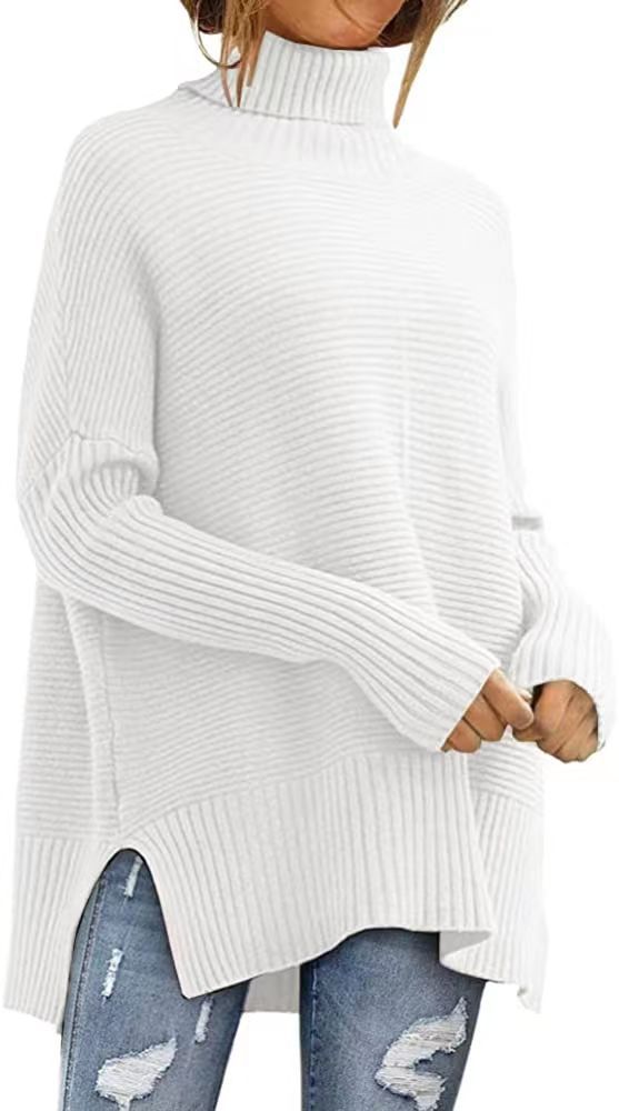 Dame Stor Turtleneck Skipjorte med Fin Ribbet Struktur og Asymmetrisk Snit Stilla