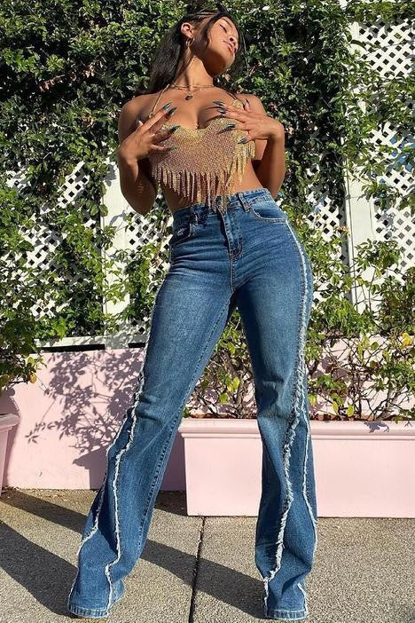Dame Flared Jeans med frynsede kanter og sidelister Stilla