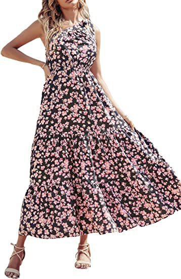 Dame Maxikjole med asymmetrisk snit og blomsterdetaljer Stilla