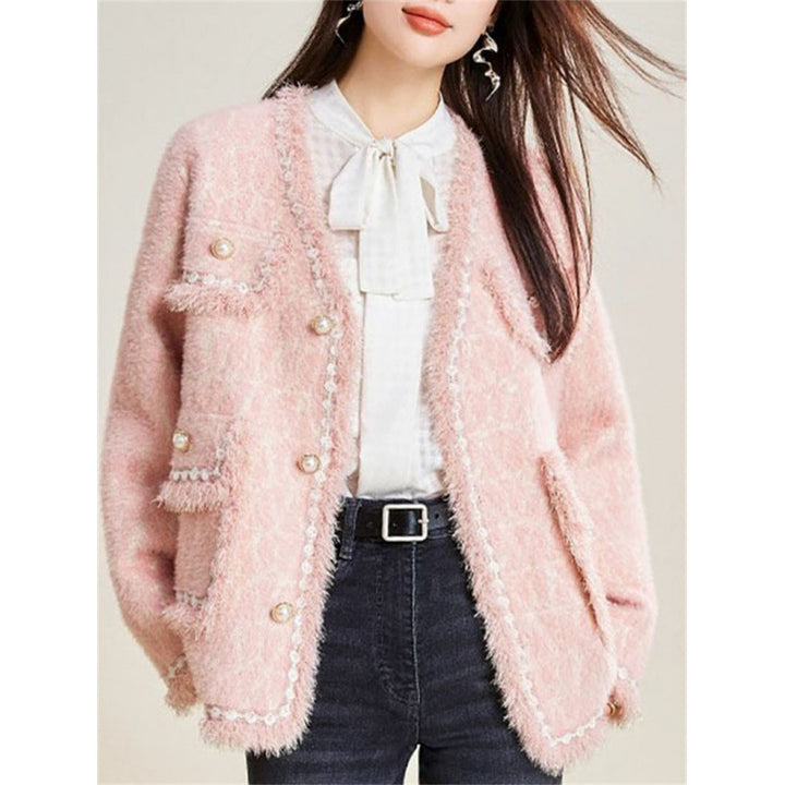 Kvinders fluffy cardigan med elegante knapdetaljer og dekorativ kant Stilla