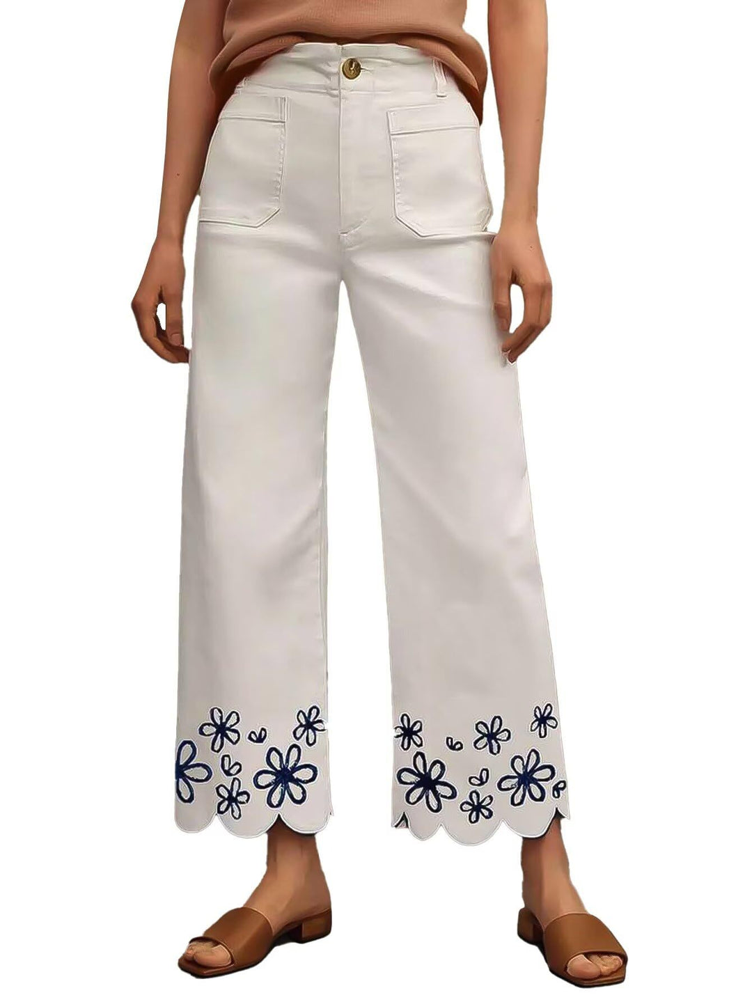 Dame Bred Culotte-Jeans med broderet blomsterdesign Skovae